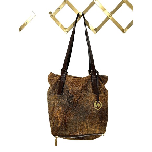 Michael Kors Jessica Expandable Distressed Brown Leather Bag Handbag Purse Tote - Picture 1 of 11